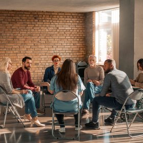 Support group Un groupe de personnes est assise en cercle