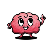 Brainy, ein Cartoon-Gehirn, zeigt in die Luft.