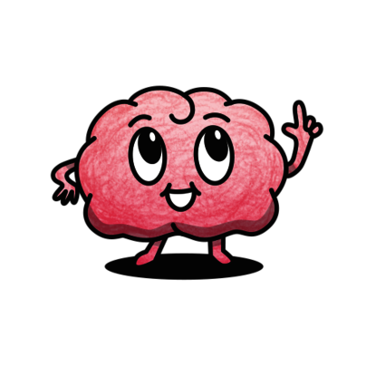 Brainy, ein Cartoon-Gehirn, zeigt in die Luft.