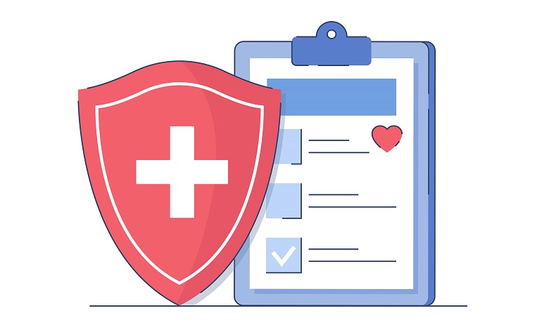 Illustration d'un bouclier avec une croix, à l'arrière liste de santé